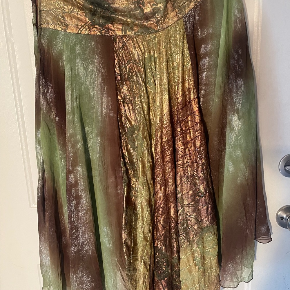 A-Line Metallic Green and Brown Midi Skirt